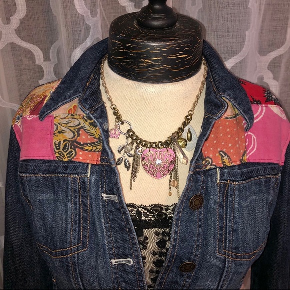Upcycled Hippie Boho Patchwork Dark Denim Jacket - Picture 4 of 15